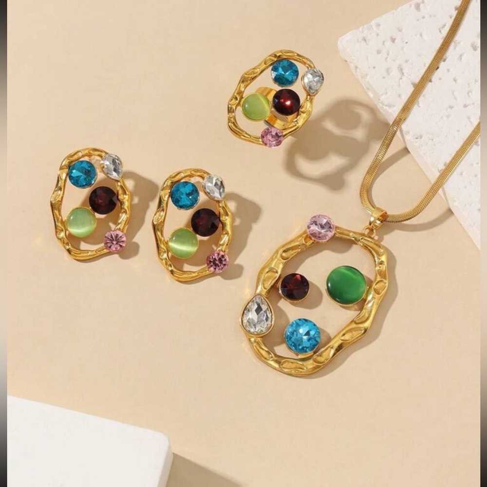 Gold & Colorful Gemstone Jewelry Set – Earrings, Ring & Necklace